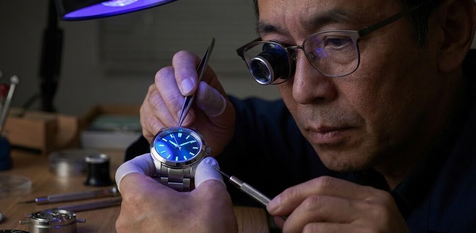 ロレックスのオイスターパーペチュアル 針の仕上げと夜光塗料の光り方